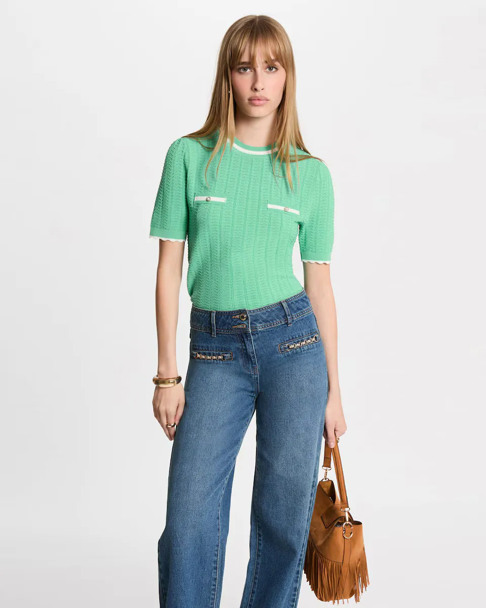 Женский свитер с короткими рукавами и контрастами Morgan, светло-зеленый
Женский свитер с короткими рукавами и контрастами Morgan, светло-зеленый