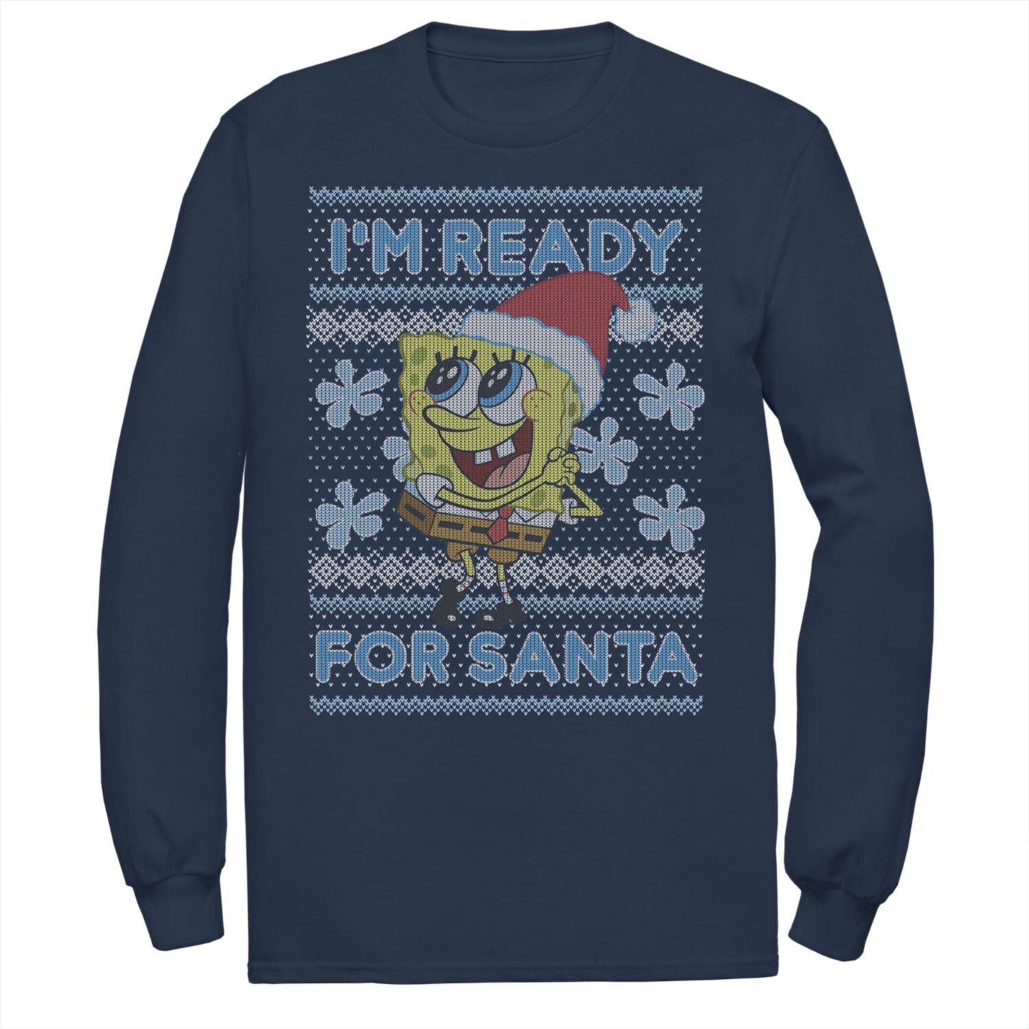 Мужская футболка SpongeBob SquarePants I'm Ready For Santa Ugly Christmas с длинными рукавами и цветами Nickelodeon, синий 
Мужская футболка SpongeBob SquarePants I'm Ready For Santa Ugly Christmas с длинными рукавами и цветами Nickelodeon, синий