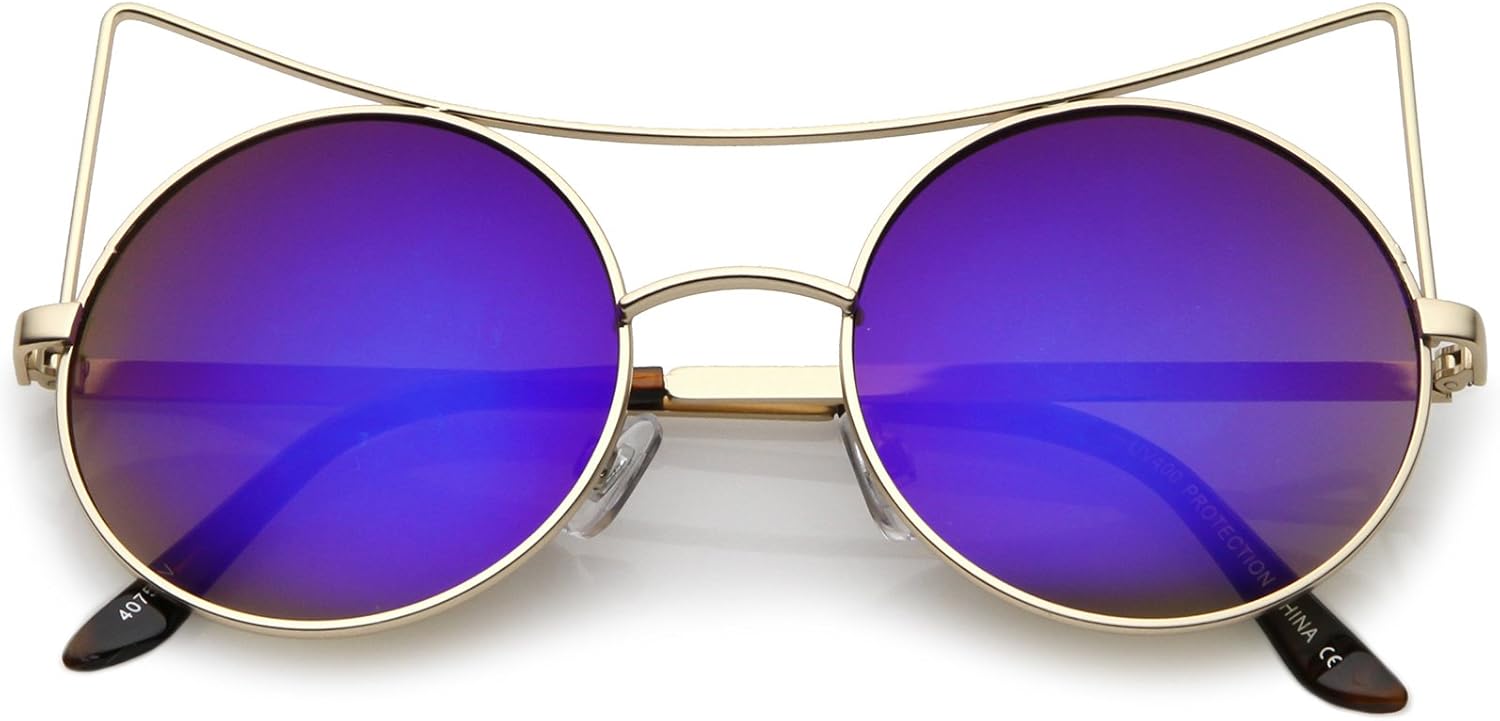 zeroUV - Женские солнцезащитные очки большого размера с открытыми металлическими зеркальными круглыми плоскими линзами в форме «кошачьего глаза», диаметр линз 54 мм, Gold / Blue Mirror
zeroUV - Женские солнцезащитные очки большого размера с открытыми металлическими зеркальными круглыми плоскими линзами в форме «кошачьего глаза», диаметр линз 54 мм, Gold / Blue Mirror