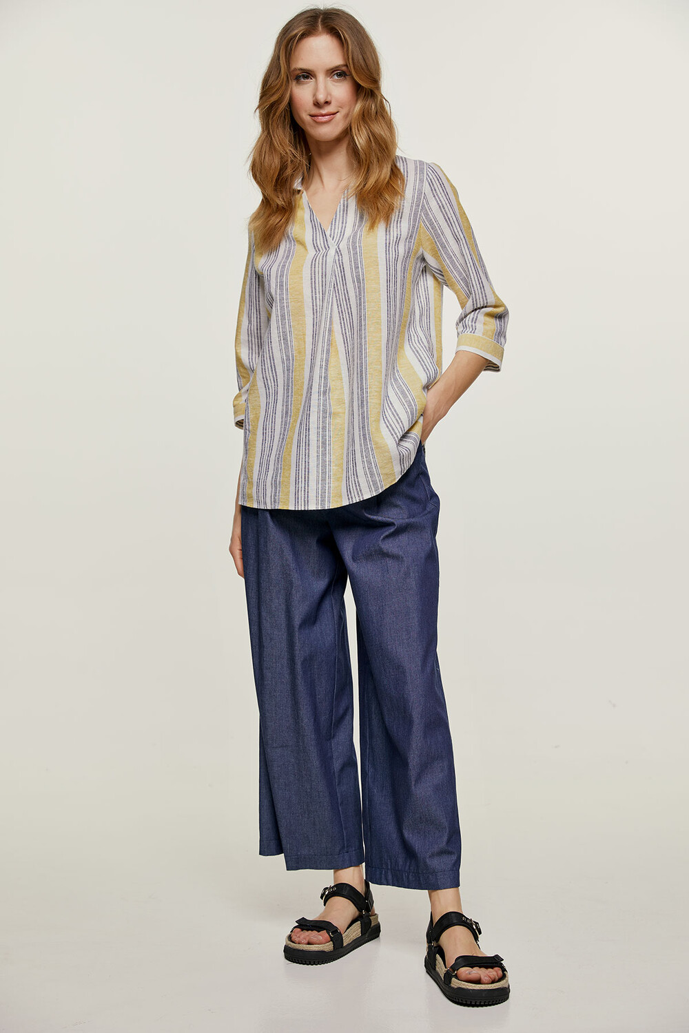 Полосатый льняной топ с карманами Conquista, желтый
Полосатый льняной топ с карманами Conquista, желтый