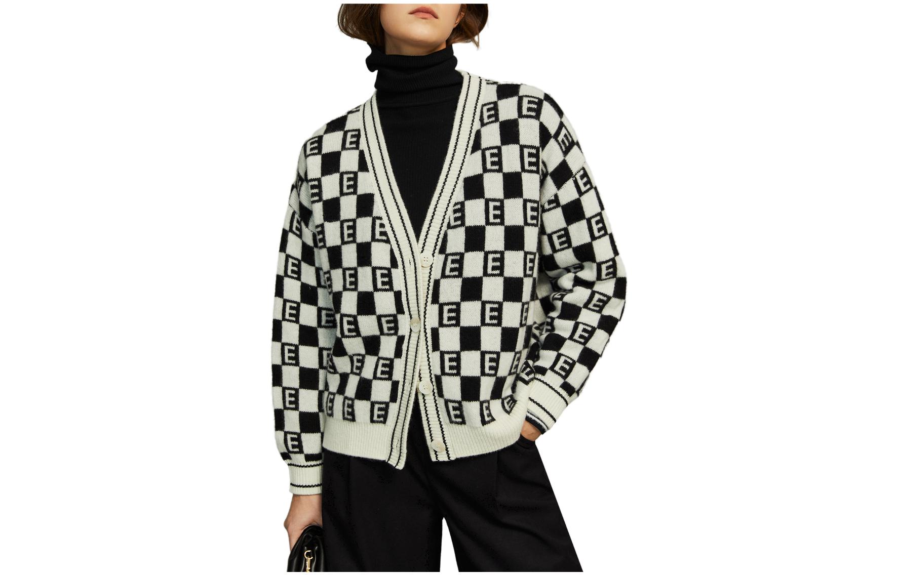 ELLE Кардиган женский черно-белый V-образный вырез умеренной длины
ELLE Кардиган женский черно-белый V-образный вырез умеренной длины