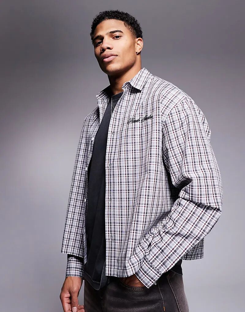 Свободная рубашка свободного кроя в коричневую клетку с красной вышивкой на груди ASOS DESIGN 
Свободная рубашка свободного кроя в коричневую клетку с красной вышивкой на груди ASOS DESIGN