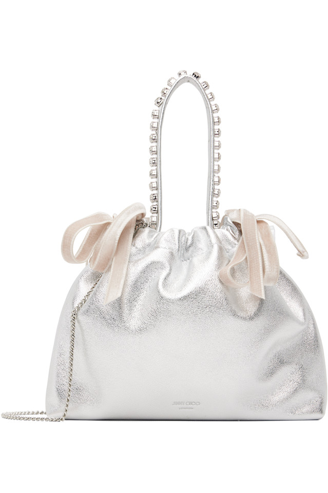 Jimmy Choo Серебристая мини-сумочка на завязках с верхней ручкой
Jimmy Choo Серебристая мини-сумочка на завязках с верхней ручкой
