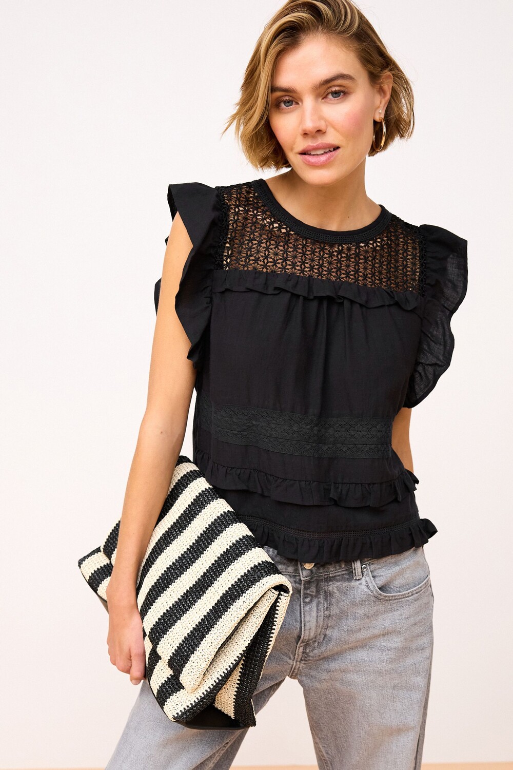 Летняя блузка с кружевными вставками и оборками на рукавах Next, черный
Летняя блузка с кружевными вставками и оборками на рукавах Next, черный