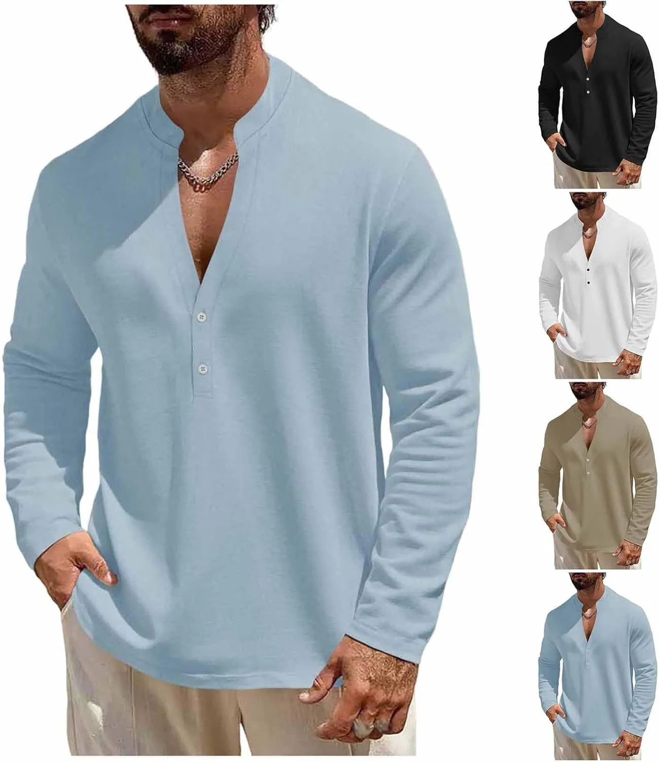 Мужская льняная рубашка с длинным рукавом и V-образным вырезом
Мужская льняная рубашка с длинным рукавом и V-образным вырезом