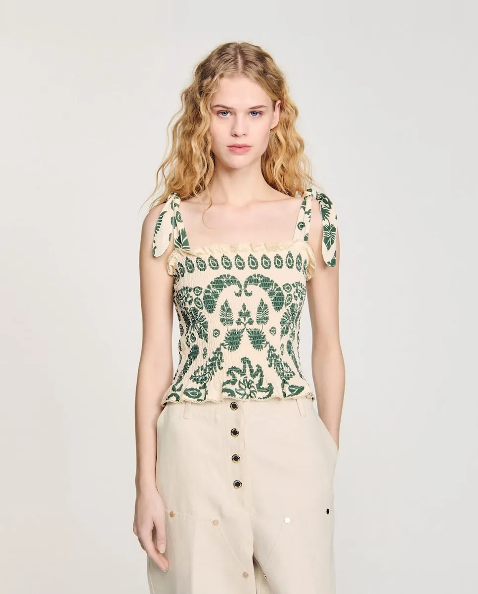 Женский топ с цветочным принтом и сборками Sandro, зеленый 
Женский топ с цветочным принтом и сборками Sandro, зеленый