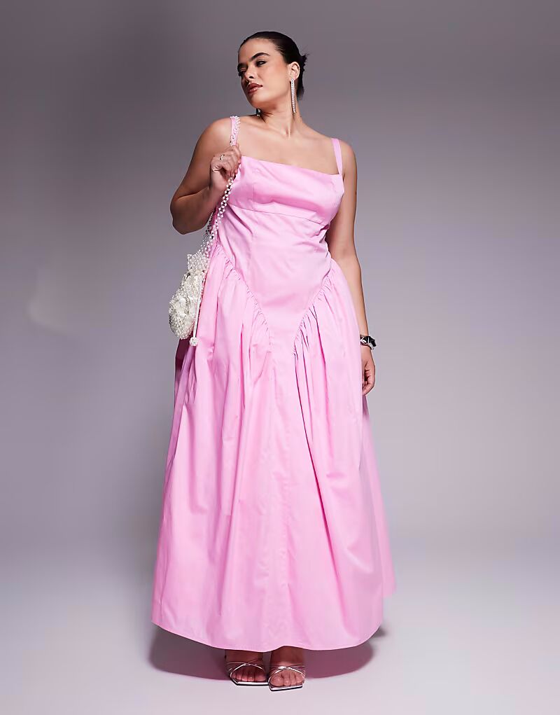 Платье макси из хлопкового сатина ASOS LUXE Curve с завязками на талии и бантом сзади розового цвета 
Платье макси из хлопкового сатина ASOS LUXE Curve с завязками на талии и бантом сзади розового цвета