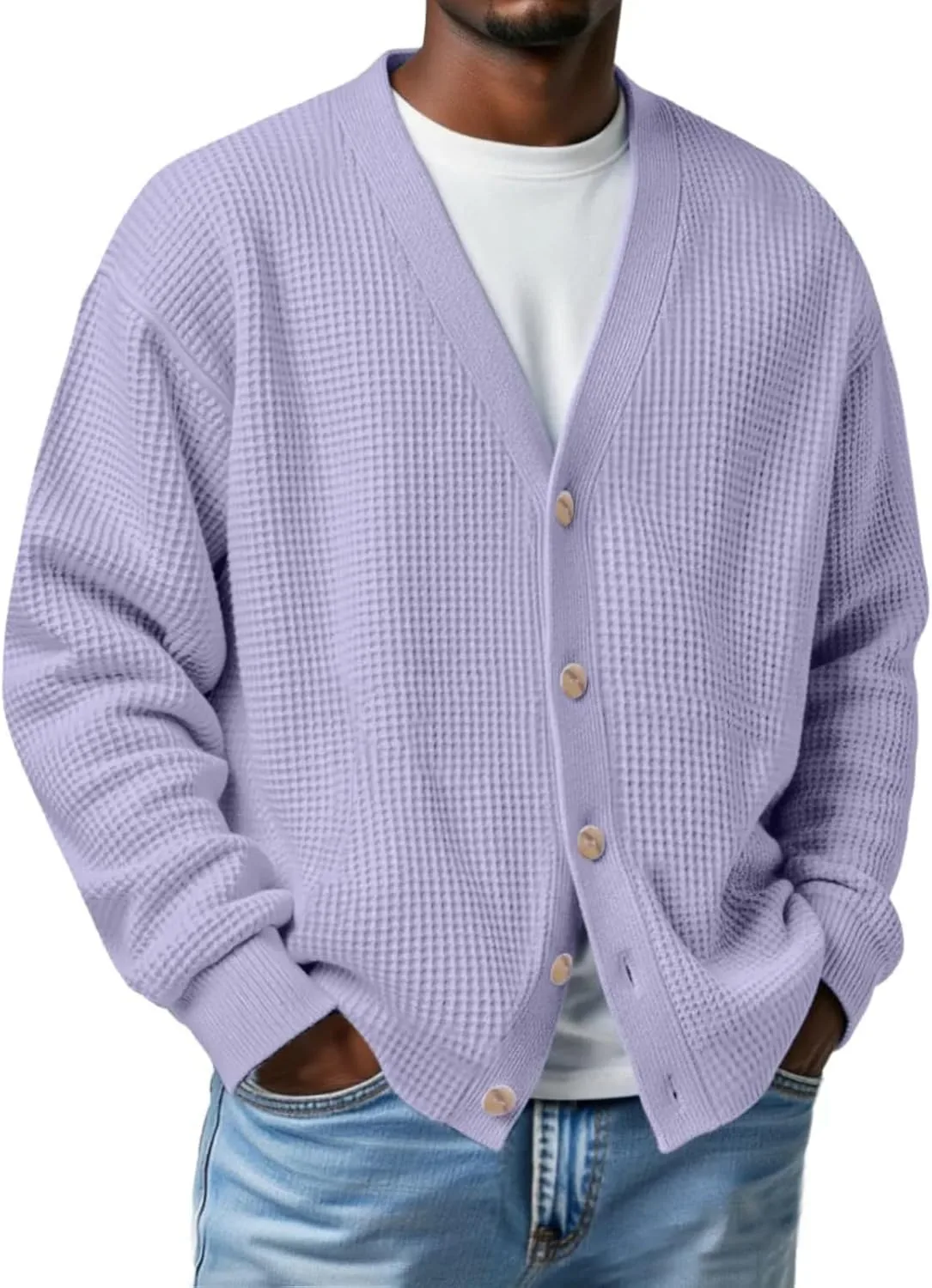 Мужской кардиган с вафельной вязкой, V-образным вырезом и длинными рукавами
Мужской кардиган с вафельной вязкой, V-образным вырезом и длинными рукавами