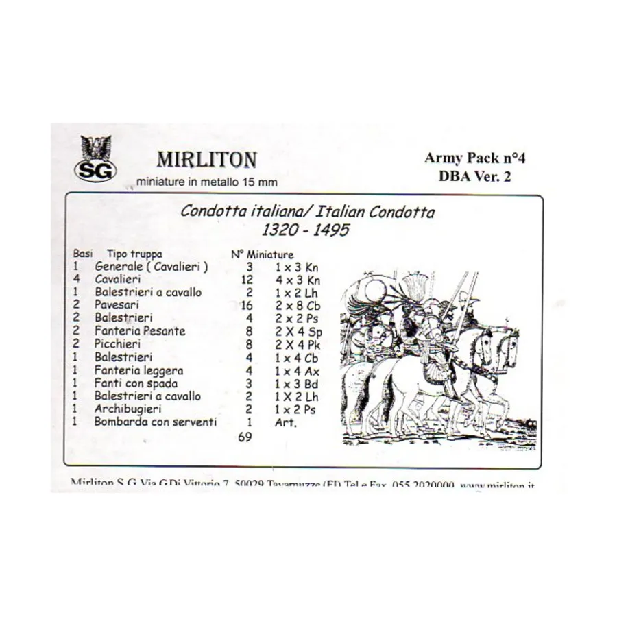 Итальянская Кондотта 1320-1495 гг., Historical Miniatures - De Bellis Antiquitatis (15mm) (Mirliton SG)
Итальянская Кондотта 1320-1495 гг., Historical Miniatures - De Bellis Antiquitatis (15mm) (Mirliton SG)