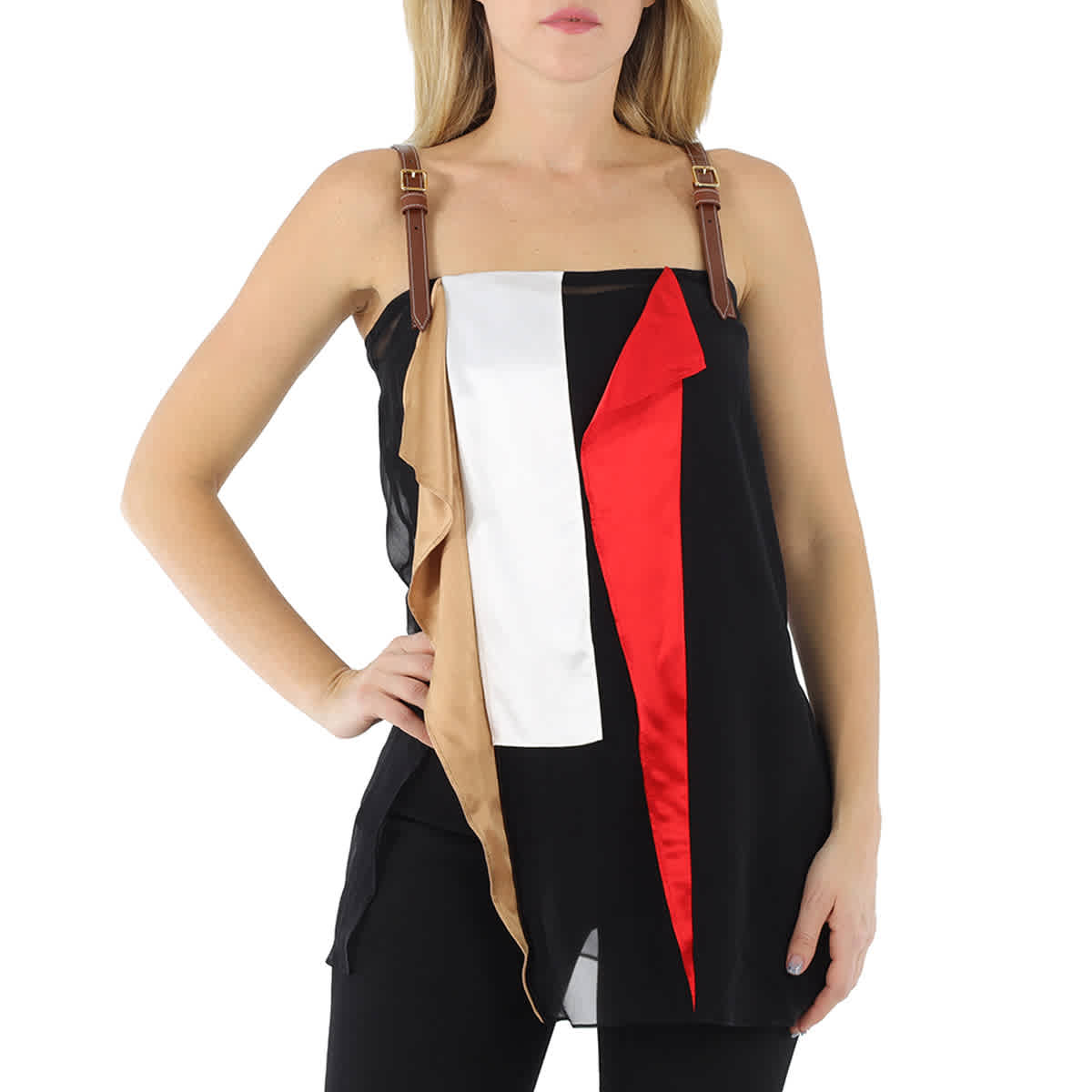 Burberry Черная кожаная деталь Цветной блок Шелковый топ
Burberry Черная кожаная деталь Цветной блок Шелковый топ