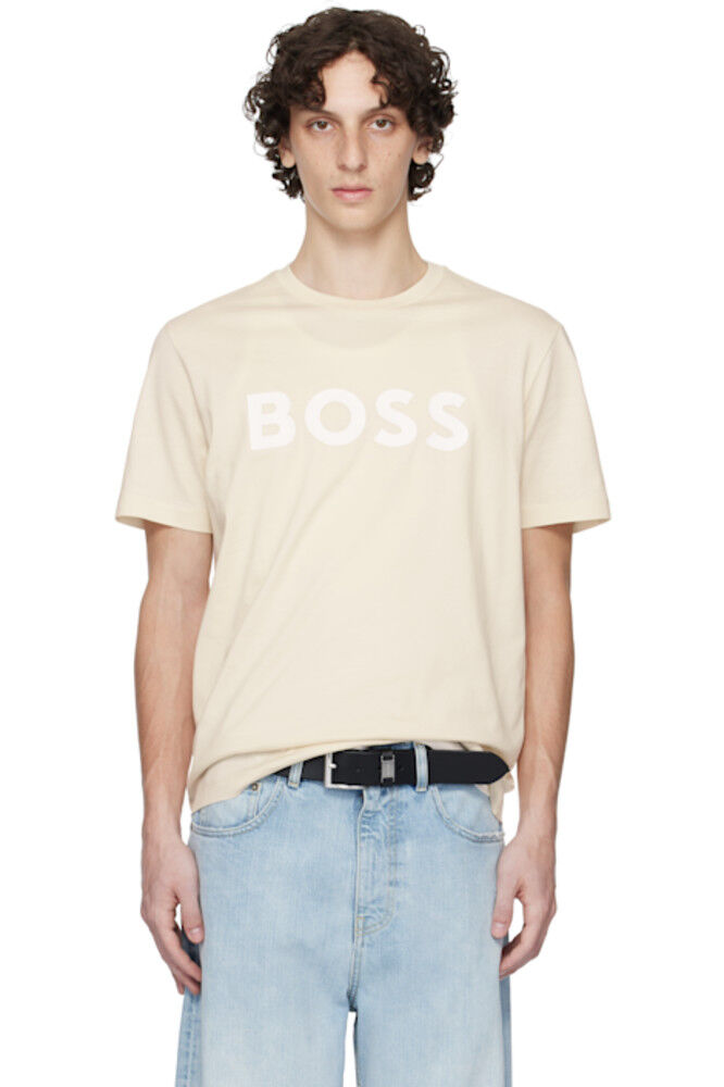 Футболка бежевого цвета из хлопкового джерси с принтом логотипа BOSS 
Футболка бежевого цвета из хлопкового джерси с принтом логотипа BOSS