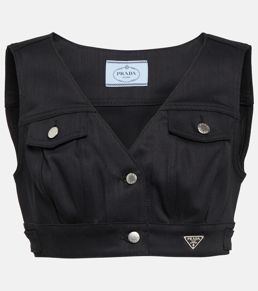 Джинсовый укороченный топ с декором Prada, черный
Джинсовый укороченный топ с декором Prada, черный