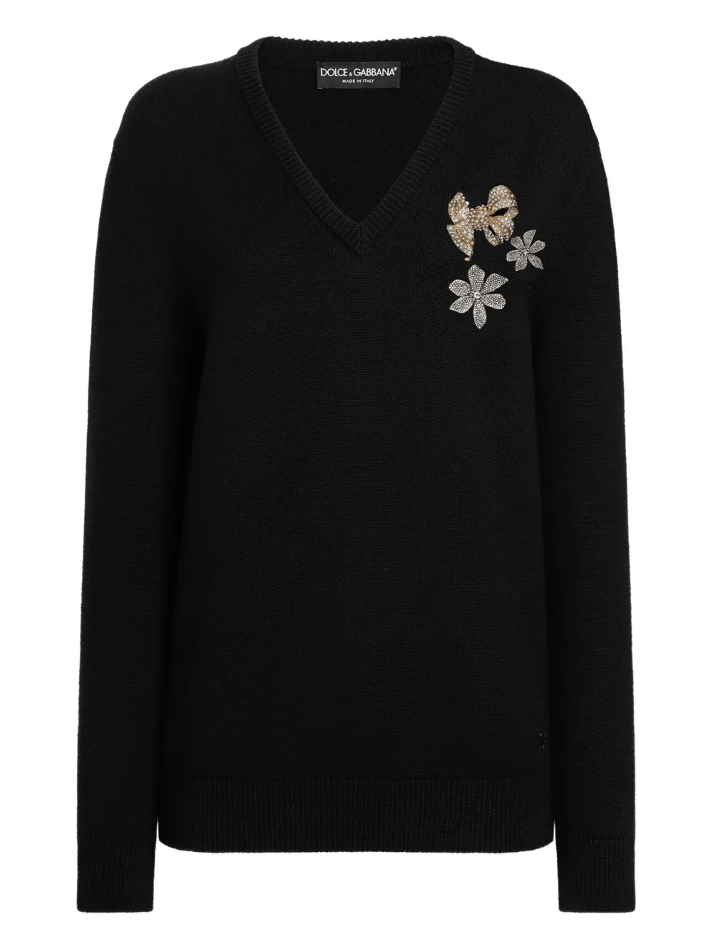 Свитер с V-образным вырезом и вышивкой DOLCE & GABBANA, черный 
Свитер с V-образным вырезом и вышивкой DOLCE & GABBANA, черный