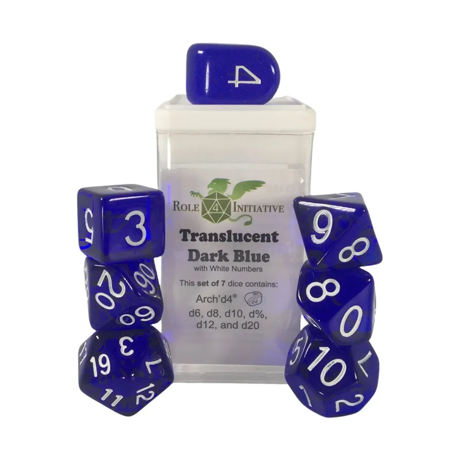 Многогранные игральные кости — полупрозрачные темно-синие с белым и Arch'd4 (7), Game Dice - Translucent (Role 4 Initiative)
Многогранные игральные кости — полупрозрачные темно-синие с белым и Arch'd4 (7), Game Dice - Translucent (Role 4 Initiative)
