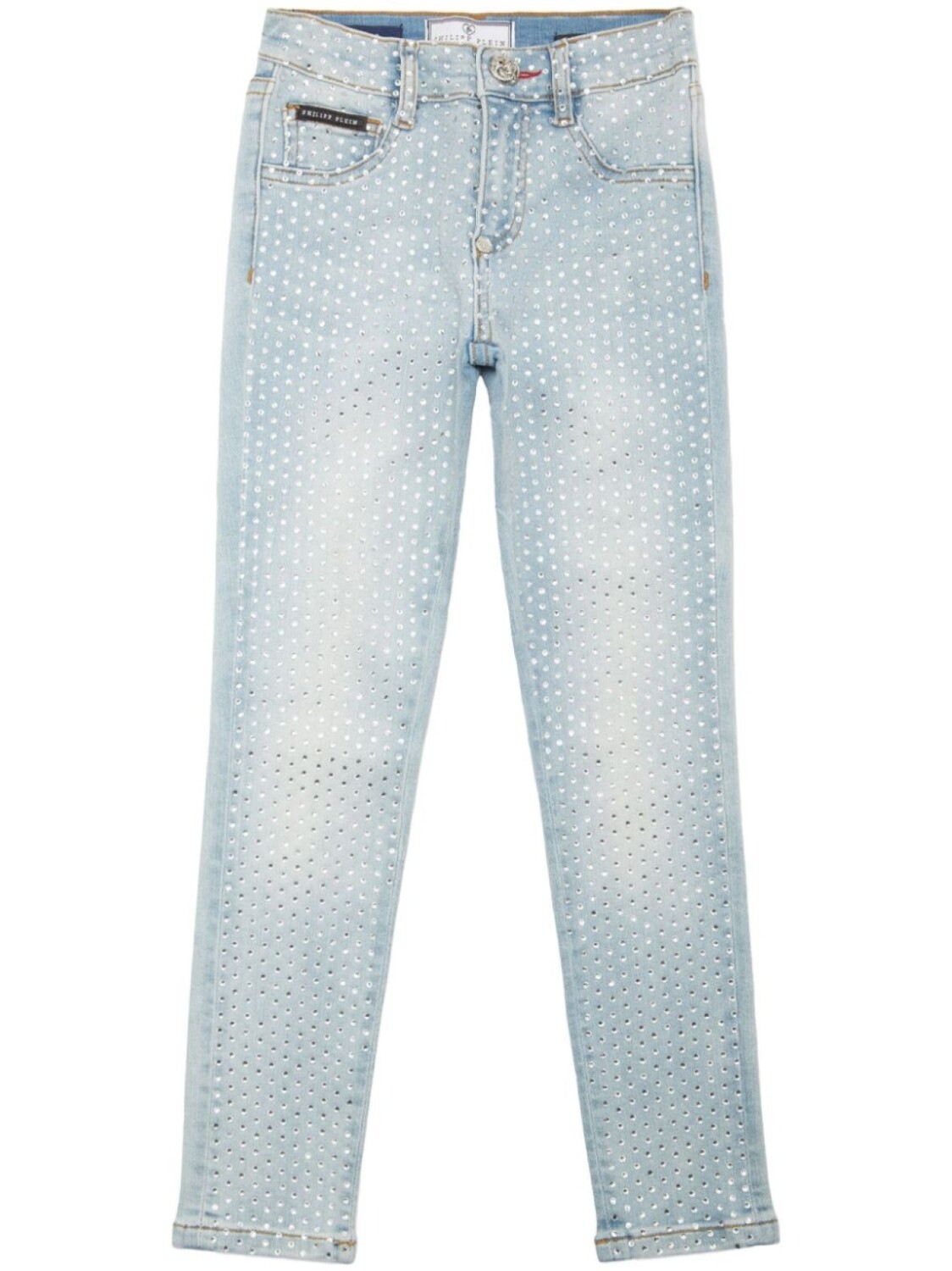 Джинсы прямого кроя с пятью карманами, украшенные кристаллами Philipp Plein Junior, синий