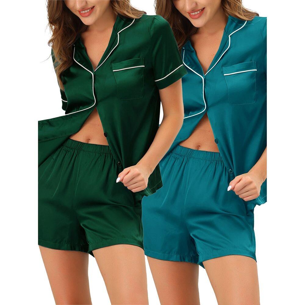 Женские пижамы с короткими рукавами, топы на пуговицах, шорты, атласные комплекты Cheibear, цвет Green Peacock Green
Женские пижамы с короткими рукавами, топы на пуговицах, шорты, атласные комплекты Cheibear, цвет Green Peacock Green