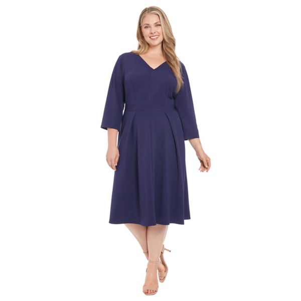 Платье плюс сайз с v-образным вырезом и складкой спереди, силуэт приталенный с расклешением London Times, синий 
Платье плюс сайз с v-образным вырезом и складкой спереди, силуэт приталенный с расклешением London Times, синий
