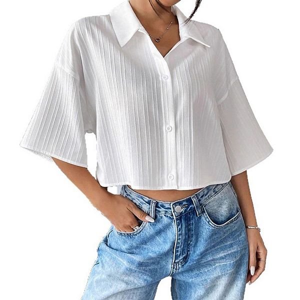 Женская укороченная блузка с коротким рукавом и воротником на пуговицах Clearflower
Женская укороченная блузка с коротким рукавом и воротником на пуговицах Clearflower