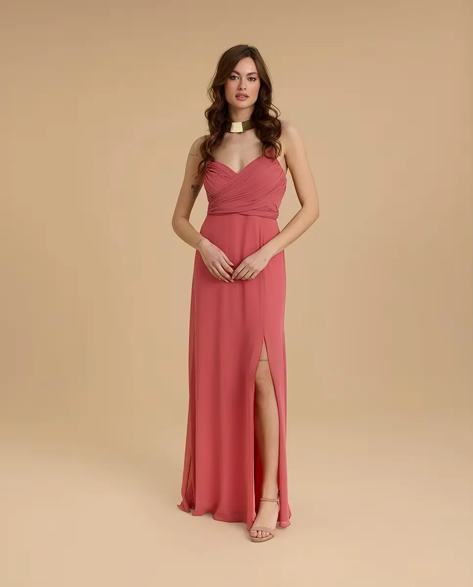 Длинное платье с плиссированным перекрестным вырезом Veneno en la piel, лососевый 
Длинное платье с плиссированным перекрестным вырезом Veneno en la piel, лососевый