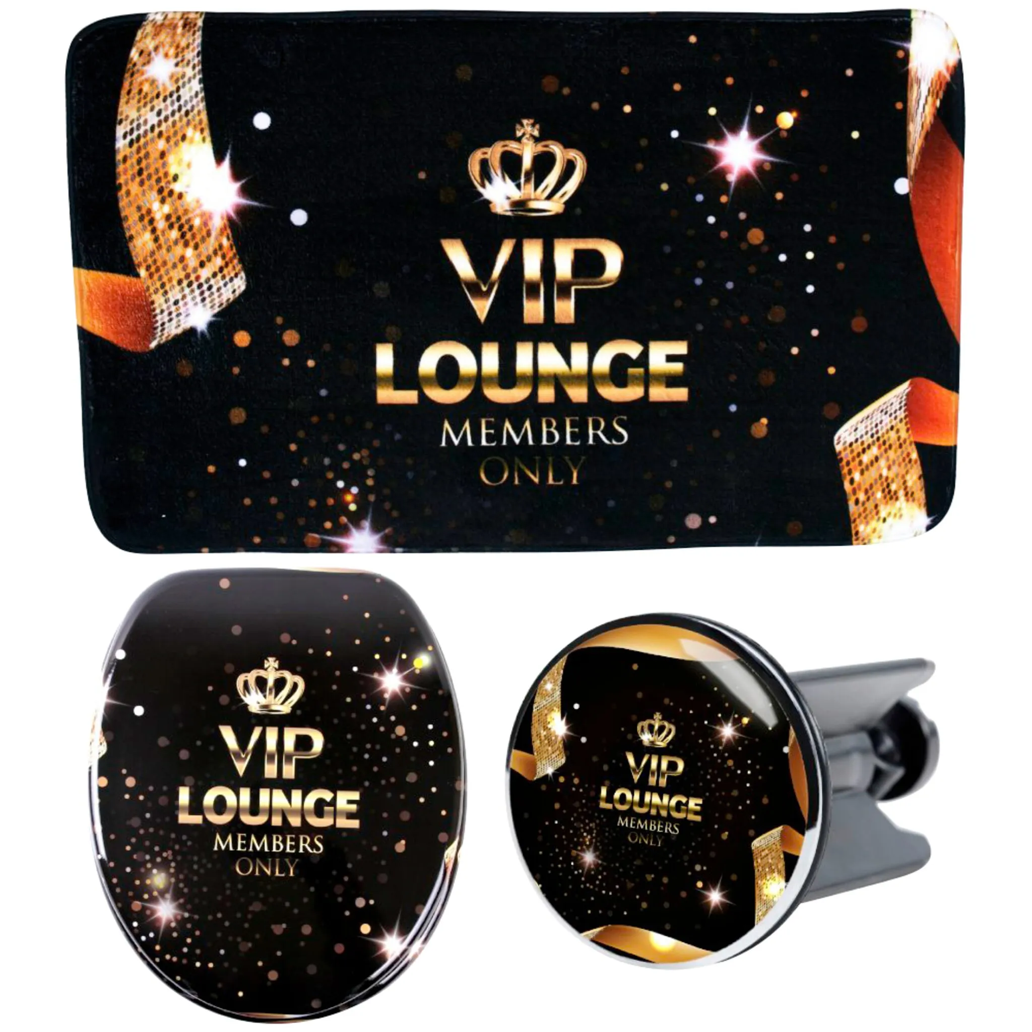 Набор аксессуаров для ванной комнаты Sanilo «VIP Lounge» (комплект, 3 предмета), состоящий из сиденья для унитаза, коврика для ванной и пробки для раковины, цвет schwarz-gold
Набор аксессуаров для ванной комнаты Sanilo «VIP Lounge» (комплект, 3 предмета), состоящий из сиденья для унитаза, коврика для ванной и пробки для раковины, цвет schwarz-gold