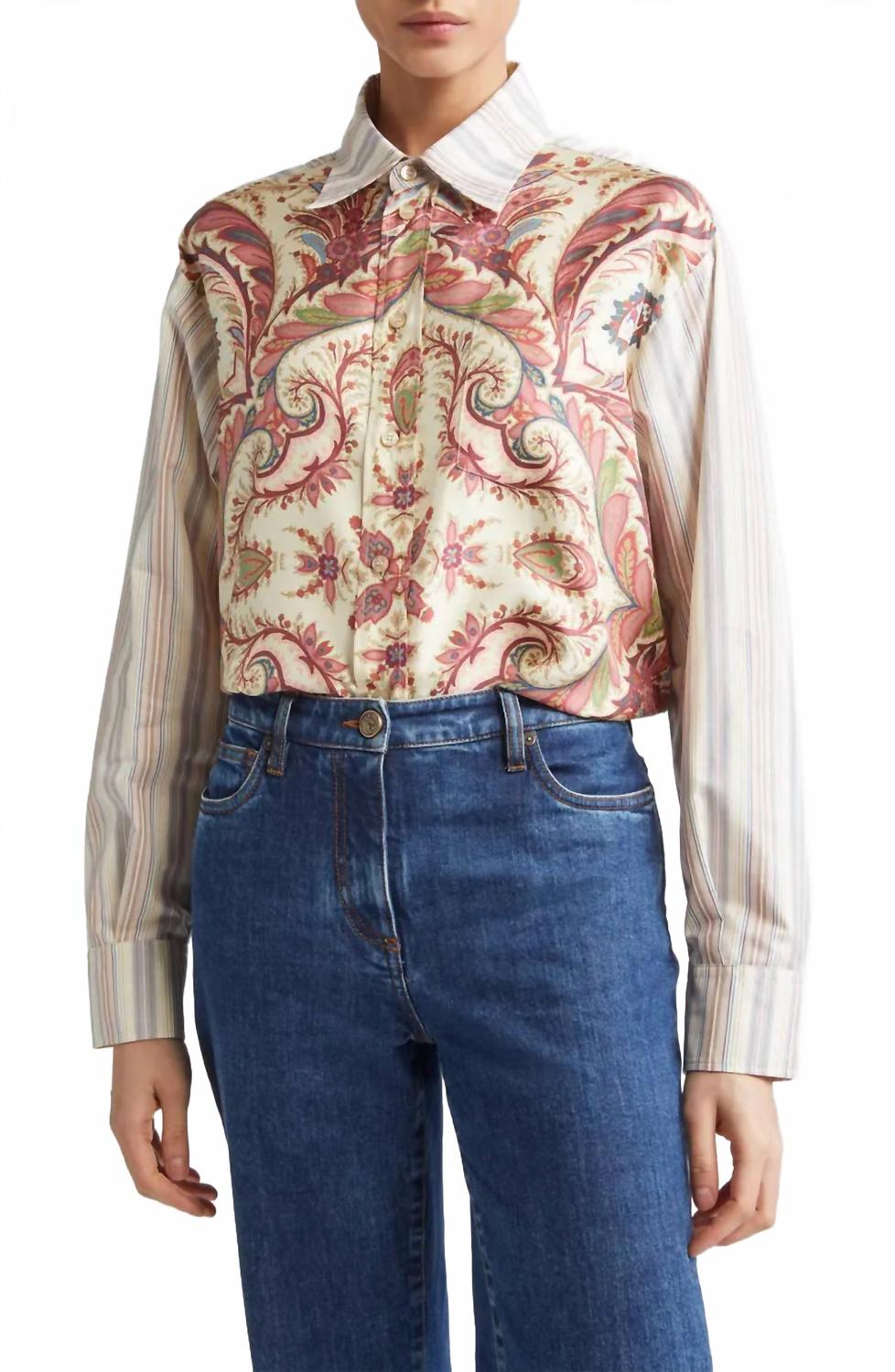 Etro Блузка из шелка и хлопка с принтом, бежево-разноцветная
Etro Блузка из шелка и хлопка с принтом, бежево-разноцветная