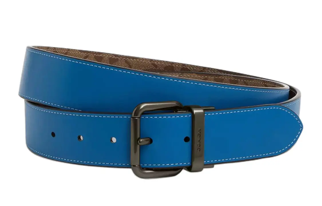 Кожаный ремень с вырезанной брендовой пряжкой и шпеньковой застёжкой, мужской, синий, ширина 3,8 см COACH 
Кожаный ремень с вырезанной брендовой пряжкой и шпеньковой застёжкой, мужской, синий, ширина 3,8 см COACH