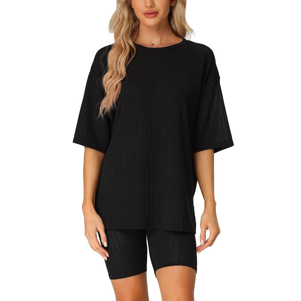 Женский мягкий спортивный костюм в рубчик, комплект из толстовки, шорты, домашняя одежда, одежда для сна Cheibear, черный