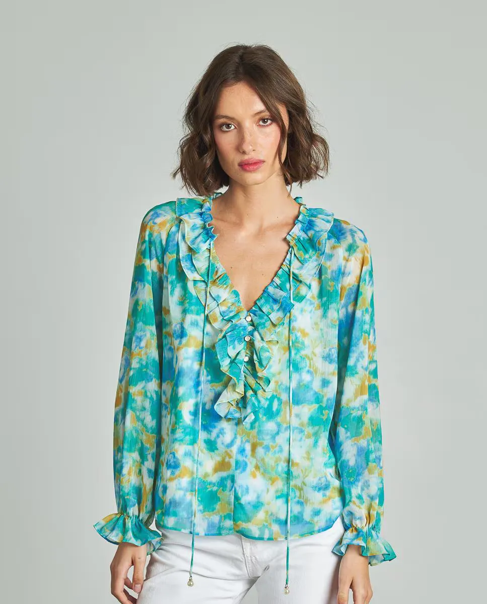 Струящаяся женская блузка с принтом, бантом на шее и оборками Alma en Pena, бирюзовый
Струящаяся женская блузка с принтом, бантом на шее и оборками Alma en Pena, бирюзовый