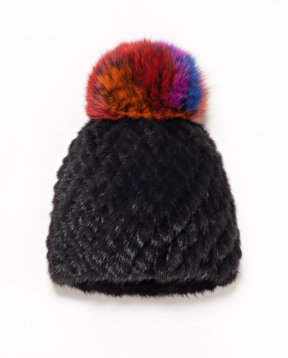 Женская шапка из черного меха норки с помпоном из разноцветного песца Maximilian, черный