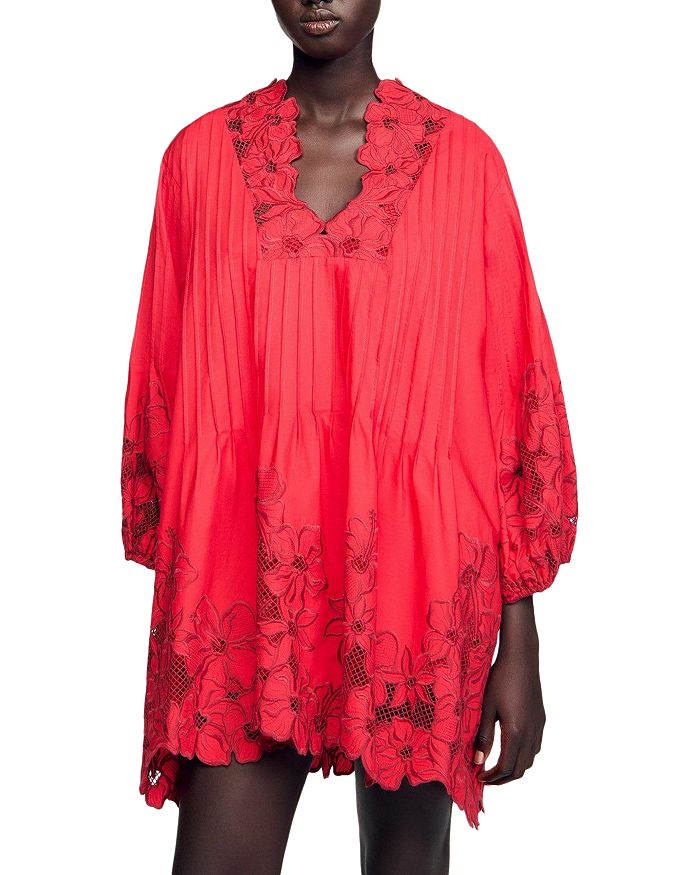 Цветастое мини-платье с волнистым краем Sandro, красный 
Цветастое мини-платье с волнистым краем Sandro, красный