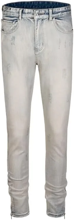 Узкие потертые брюки с широкой молнией и эффектом постиранных джинсов
Узкие потертые брюки с широкой молнией и эффектом постиранных джинсов