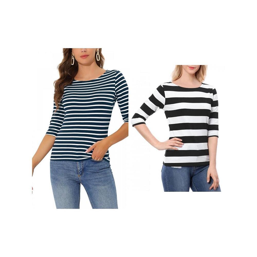 2 упаковки женских повседневных футболок с рукавами до локтя, облегающие топы с вырезом лодочкой ALLEGRA K, цвет Black And Dark Blue 
2 упаковки женских повседневных футболок с рукавами до локтя, облегающие топы с вырезом лодочкой ALLEGRA K, цвет Black And Dark Blue