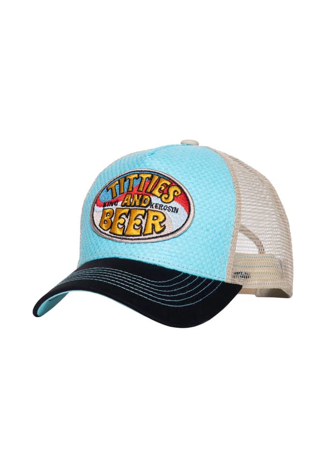 Кепка дальнобойщика с забавной нашивкой спереди с изображением сисек и пива King Kerosin, голубой
Кепка дальнобойщика с забавной нашивкой спереди с изображением сисек и пива King Kerosin, голубой