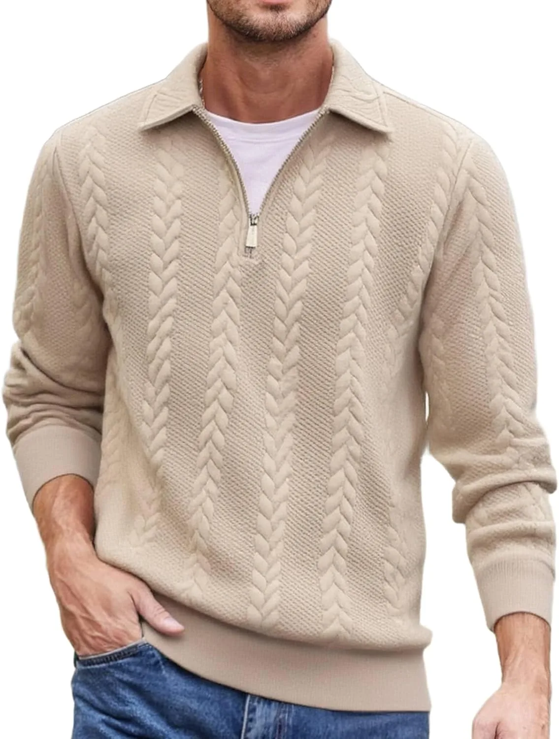 Мужской поло-свитер с четвертью молнии, длинным рукавом и кабельной вязкой Qianshuiwan
Мужской поло-свитер с четвертью молнии, длинным рукавом и кабельной вязкой Qianshuiwan