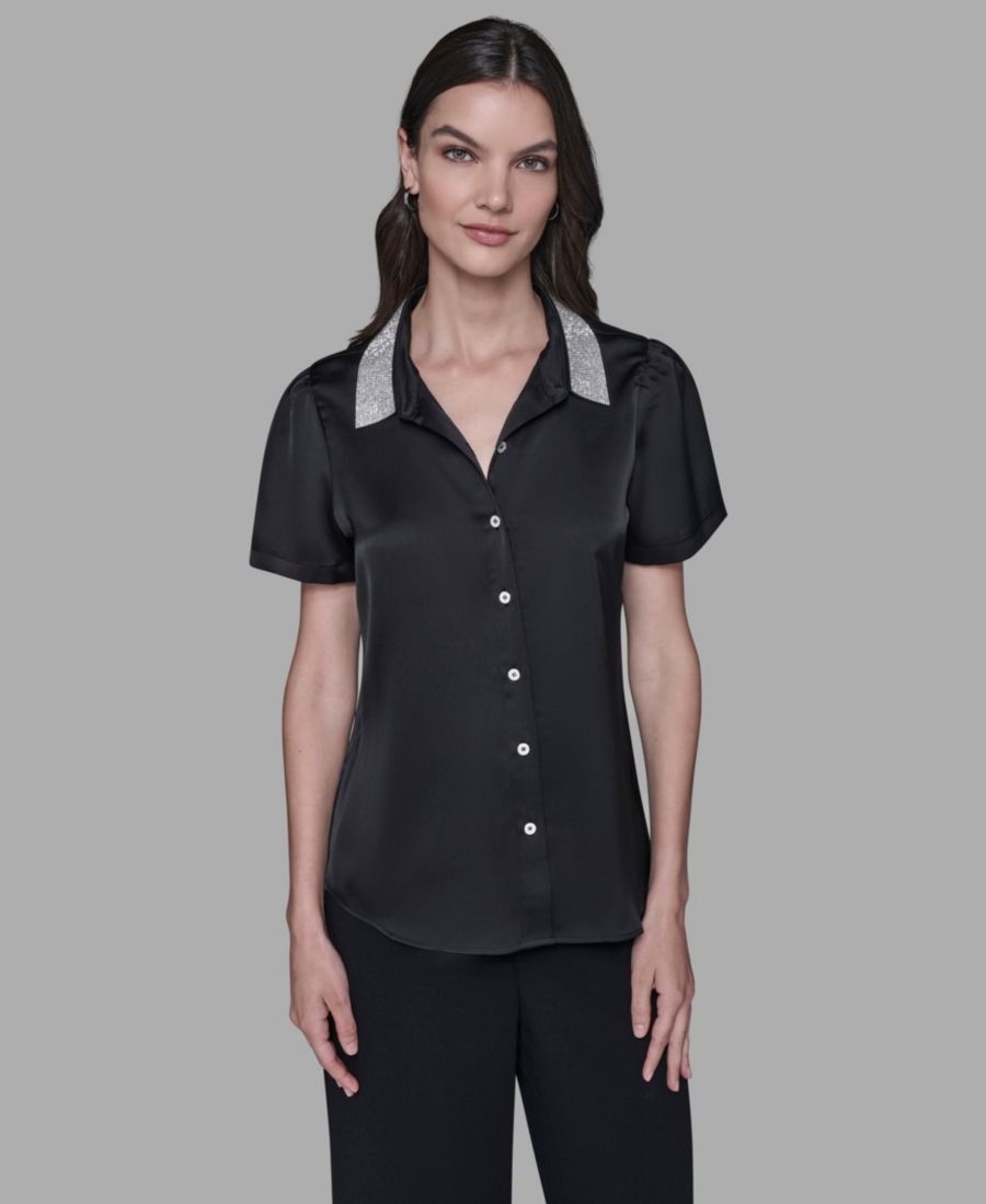 Женская блузка с короткими рукавами и воротником, украшенная стразами KARL LAGERFELD PARIS, Black
Женская блузка с короткими рукавами и воротником, украшенная стразами KARL LAGERFELD PARIS, Black