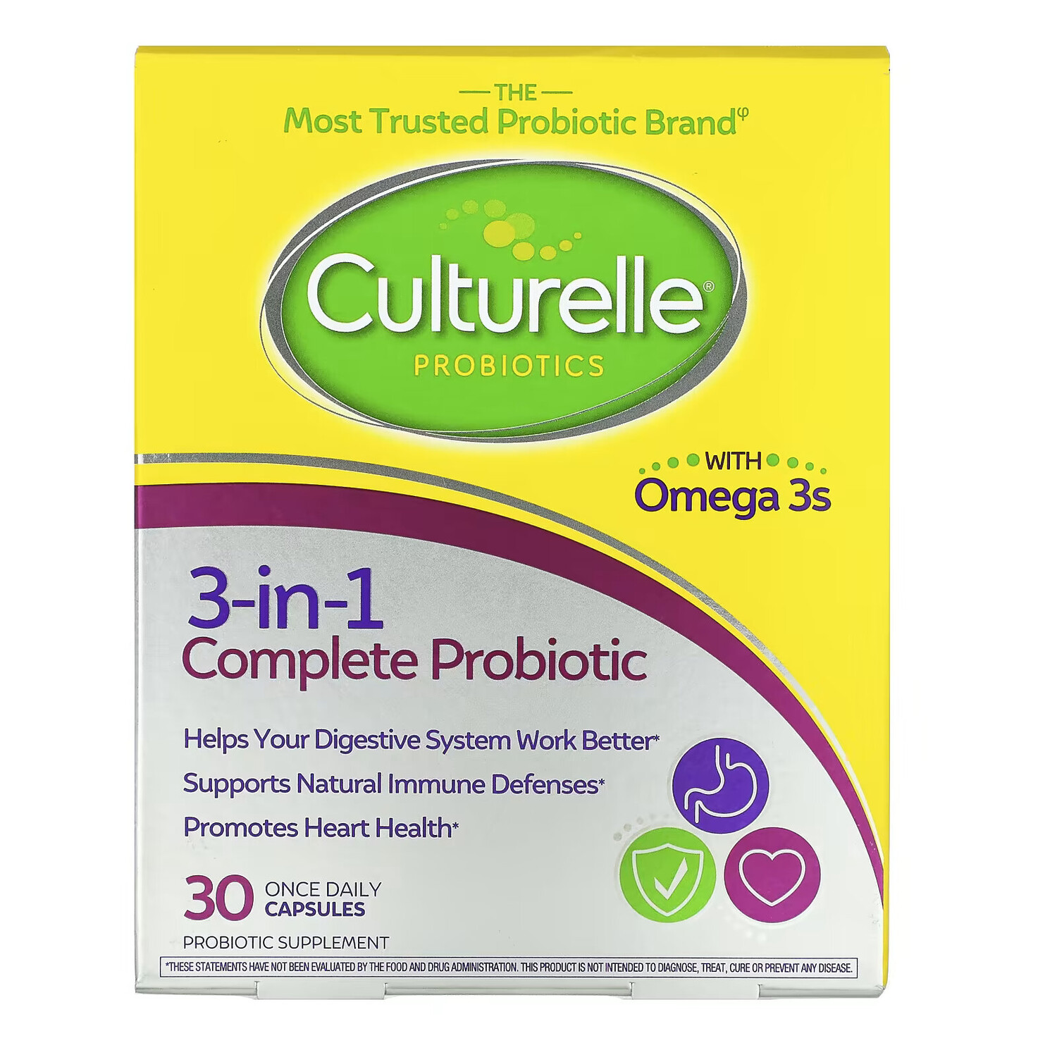 Culturelle, Пробиотики, полный пробиотик 3 в 1 с омега-3, 30 капсул для приема один раз в день
Culturelle, Пробиотики, полный пробиотик 3 в 1 с омега-3, 30 капсул для приема один раз в день