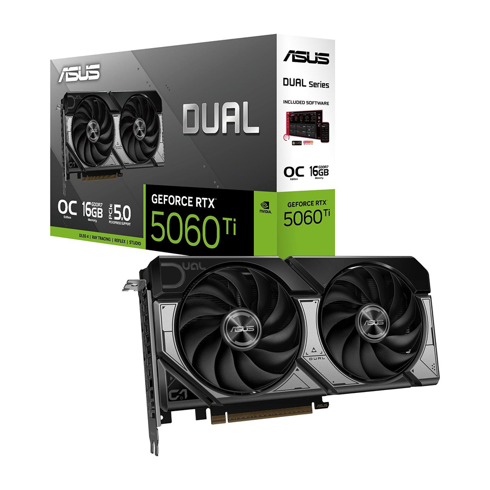 Видеокарта ASUS Dual GeForce RTX 5060 Ti OC, 16 Гб, чёрный/серебристый
Видеокарта ASUS Dual GeForce RTX 5060 Ti OC, 16 Гб, чёрный/серебристый