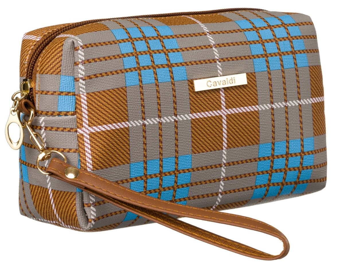 Женская косметичка из синтетического материала Cavaldi, дорожная косметичка в клетку в клетку с ремешком, коричнево-синяя ROVICKY 
Женская косметичка из синтетического материала Cavaldi, дорожная косметичка в клетку в клетку с ремешком, коричнево-синяя ROVICKY