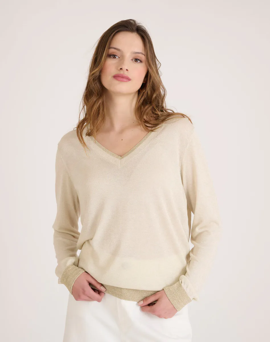 Женский свитер с V-образным вырезом и отделкой люрексом Naf Naf, бежевый
Женский свитер с V-образным вырезом и отделкой люрексом Naf Naf, бежевый