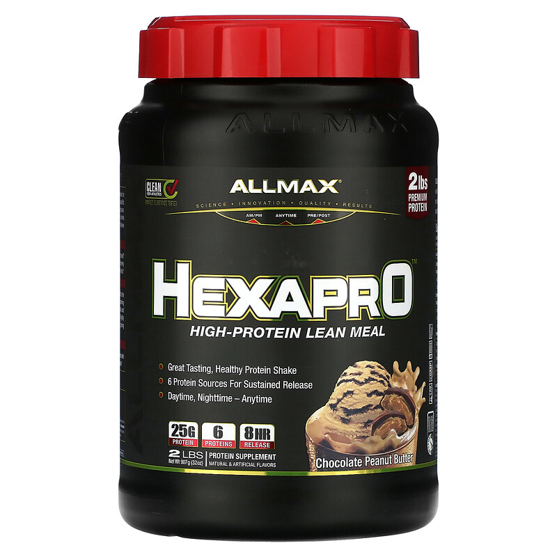 ALLMAX, Hexapro, постная еда с высоким содержанием белка, шоколад и арахисовая паста, 907 г (2 фунта) 
ALLMAX, Hexapro, постная еда с высоким содержанием белка, шоколад и арахисовая паста, 907 г (2 фунта)