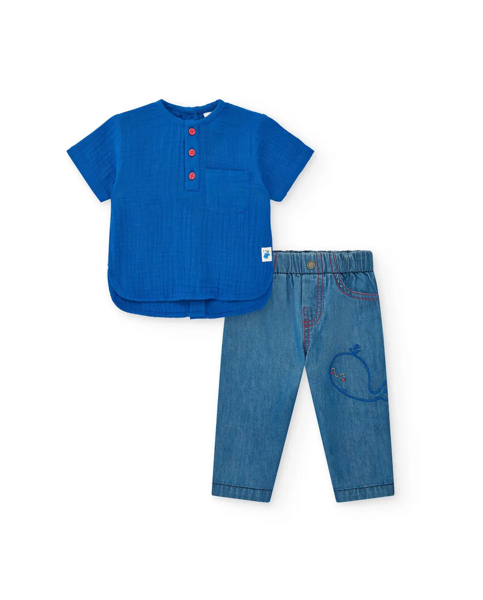 Комплект для мальчика: синяя рубашка с короткими рукавами и джинсы с вышивкой в виде кита Tuc tuc, синий
Комплект для мальчика: синяя рубашка с короткими рукавами и джинсы с вышивкой в виде кита Tuc tuc, синий