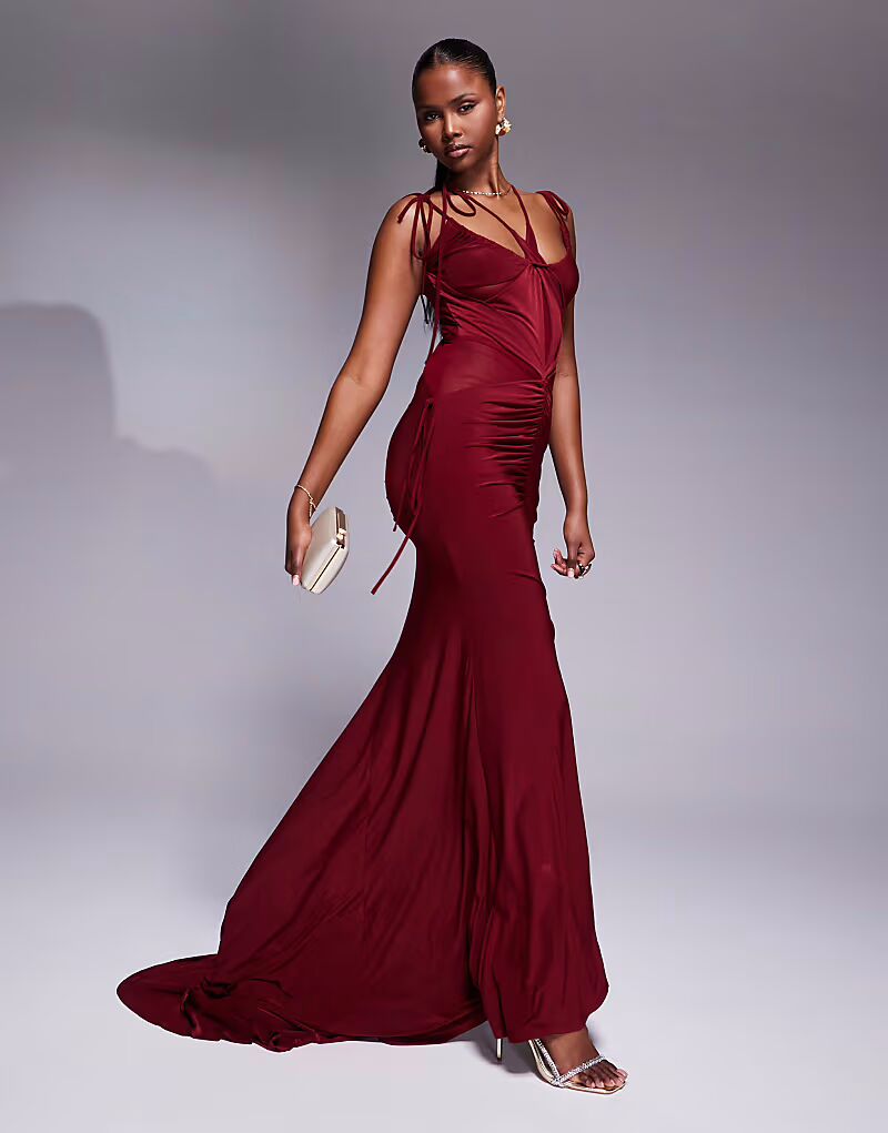Вечернее платье из шифоновой сетки ASOS DESIGN с асимметричным подолом бордового цвета