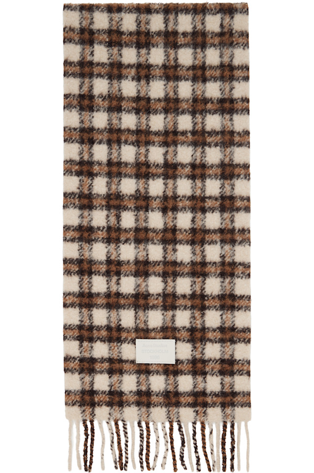 Acne Studios Бежево-Коричневый клетчатый шарф с логотипом
Acne Studios Бежево-Коричневый клетчатый шарф с логотипом