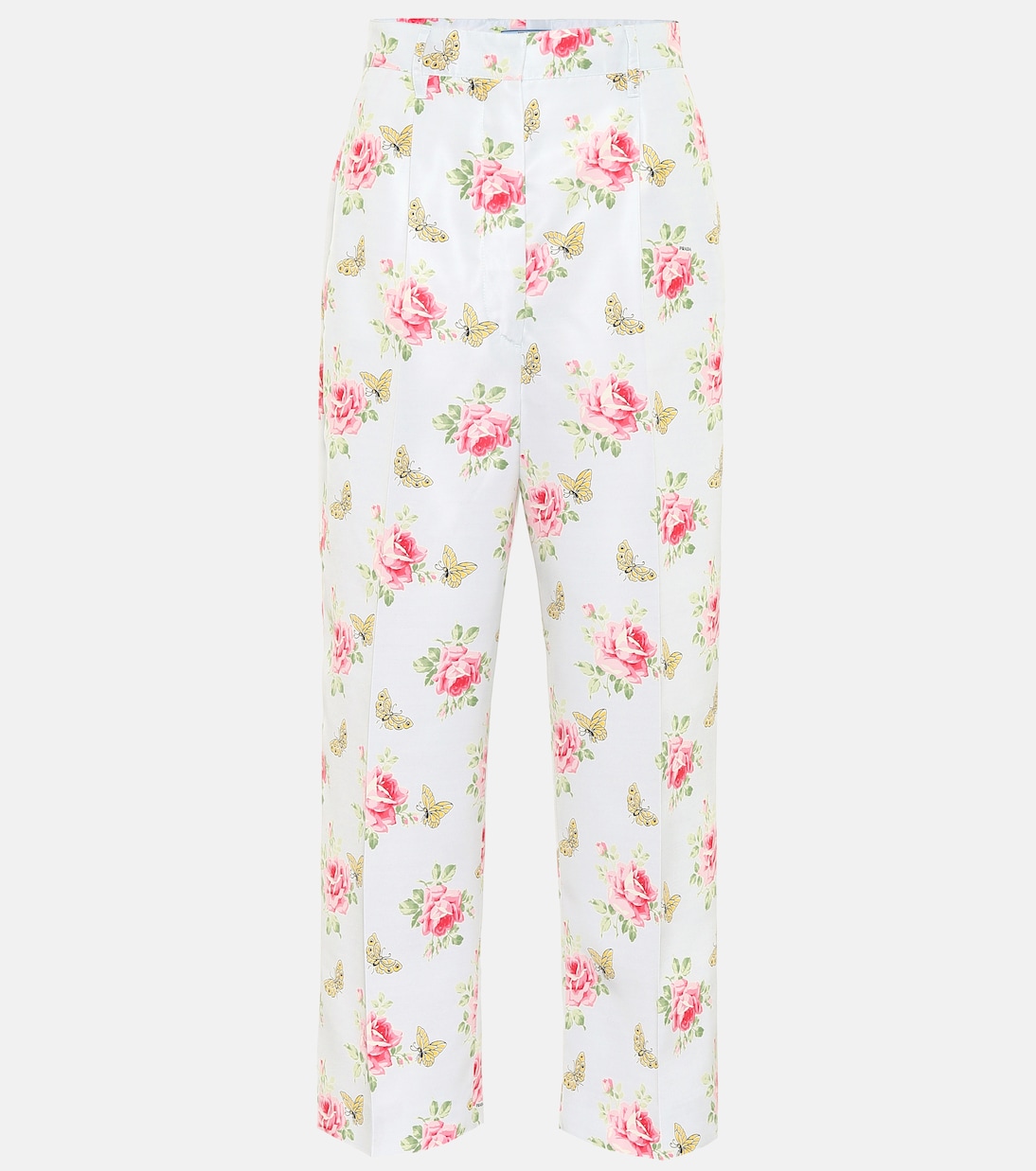 Шелковые брюки с цветочным принтом и высокой талией Prada, Cielo
Шелковые брюки с цветочным принтом и высокой талией Prada, Cielo