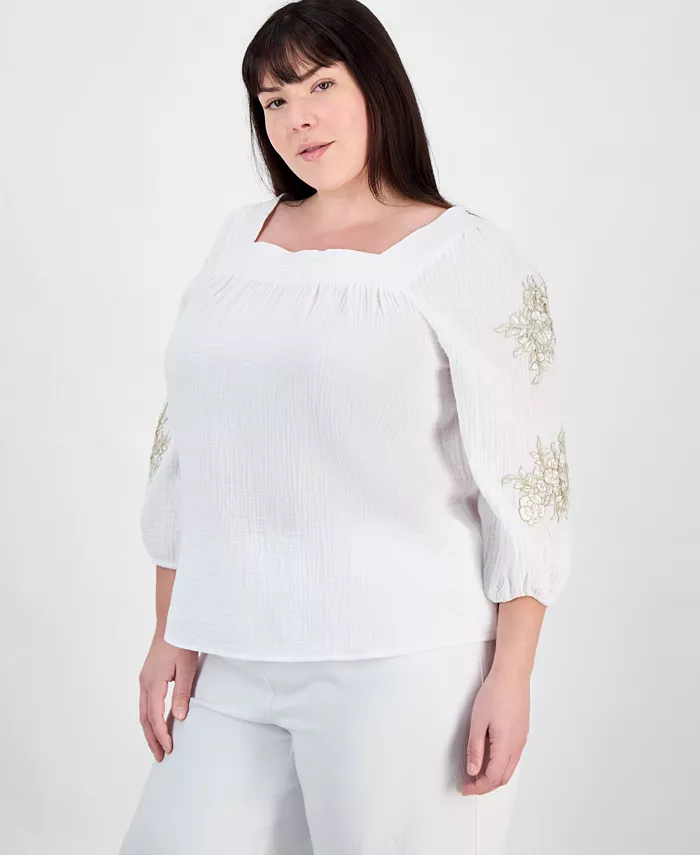 Хлопковый топ больших размеров с квадратным вырезом и цветочной аппликацией JM Collection, белый
Хлопковый топ больших размеров с квадратным вырезом и цветочной аппликацией JM Collection, белый