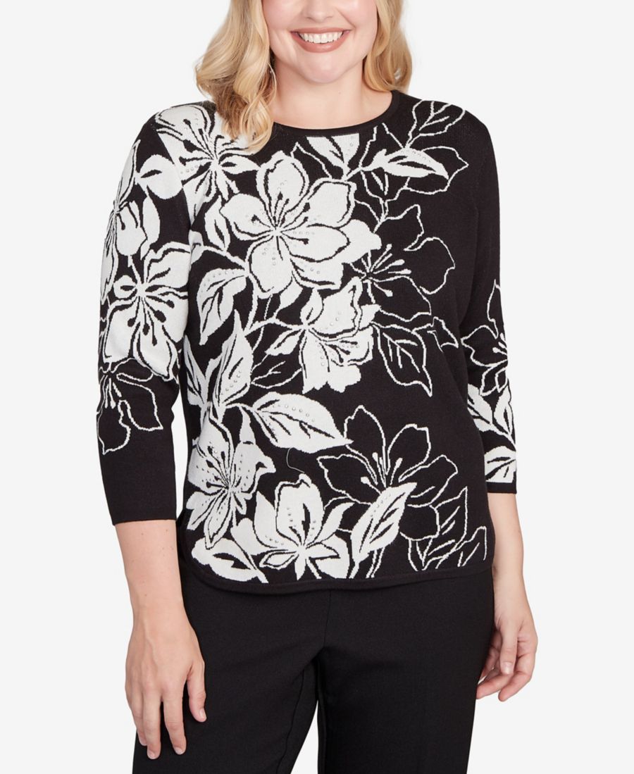 Небольшой эффектный свитер с цветочным жаккардовым узором Alfred Dunner, Black, White
Небольшой эффектный свитер с цветочным жаккардовым узором Alfred Dunner, Black, White