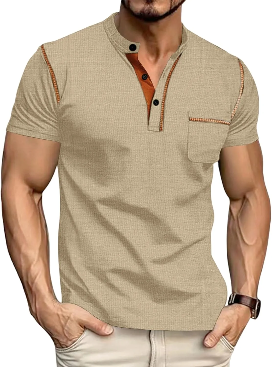 Мужская футболка хенли с коротким рукавом и карманом
Мужская футболка хенли с коротким рукавом и карманом