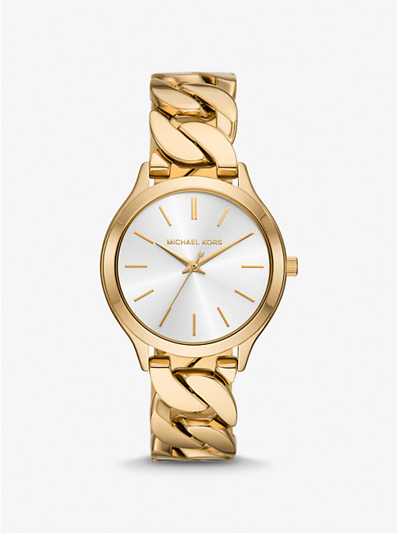 Тонкие часы с золотистым ремешком-цепочкой на подиуме Michael Kors, золотой
Тонкие часы с золотистым ремешком-цепочкой на подиуме Michael Kors, золотой