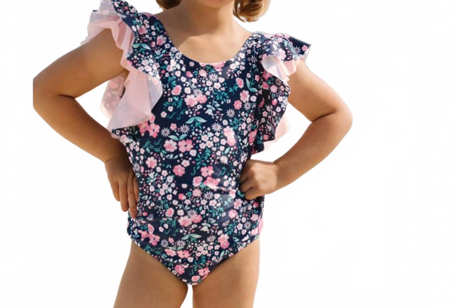 Ruffle Butts "Moonlit Meadow" V-образный купальник для малышей в сине-розовом цвете RuffleButts