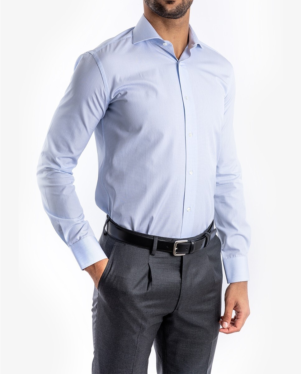 Мужская узкая хлопковая рубашка в голубую полоску Wickett Jones, светло-синий
Мужская узкая хлопковая рубашка в голубую полоску Wickett Jones, светло-синий